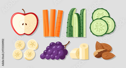 Assorted healthy snack foods arranged neatly on a plain background.