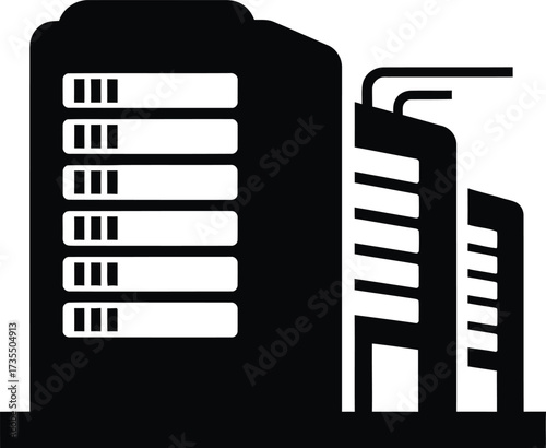 Modern data center building with server racks and offices