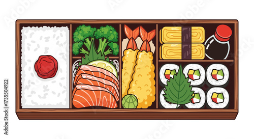 Japanese Bento Box with Sushi and Side Dishes.