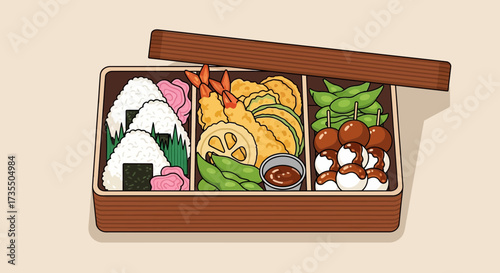 Japanese Bento Box with Sushi and Tempura.