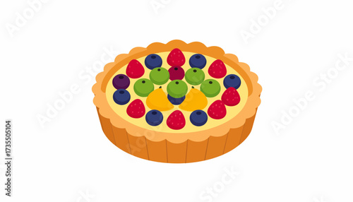 Vibrant fruit tart with assorted fresh berries and creamy custard filling, isolated on white background. Sweet dessert illustration.