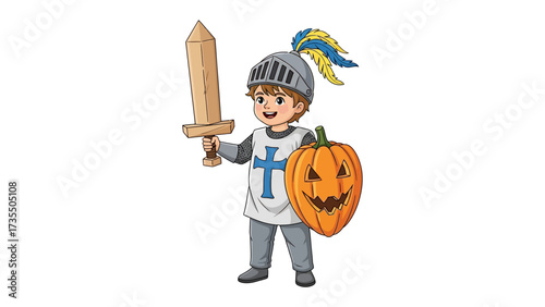 Brave Knight with Pumpkin Shield: A young, courageous knight stands ready for Halloween, a wooden sword in hand and a carved pumpkin shield at the ready, embodying bravery and festive spirit.