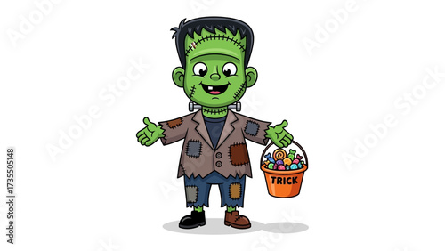 Monster Kid's Halloween: A cheerful little monster, complete with stitched features and bolts, dressed in a patchwork outfit and holding a treat bucket ready for a night of festive fun.