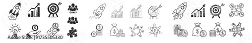 Business money sketch idea icon set. Hand drawn sketch elements for startup, project, goal and teamwork. Business graphic chart, rocket, growth marketing concept in chalk style on white background-02.