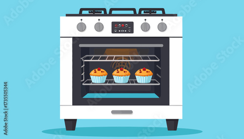 Muffins Baking in Modern Kitchen Oven Illustration