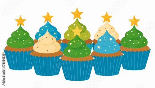 Colorful Cupcakes with Star Toppers and Swirled Frosting - Celebration Dessert Illustration