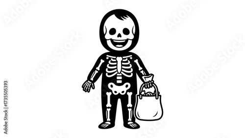 Halloween skeleton illustration: A spooky skeletal figure in a full body suit costume holds a treat bag against a solid backdrop, perfect for Halloween projects and designs.