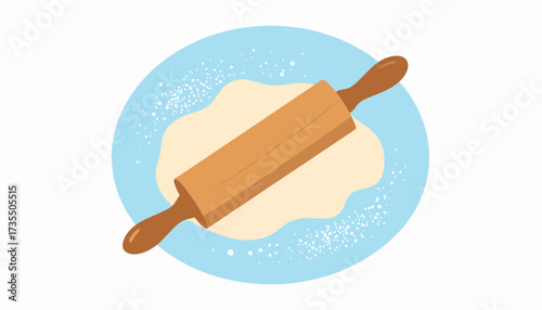 Baking preparation with rolling pin on raw dough and flour. Flat vector illustration for cooking, pastry, and kitchen concepts.