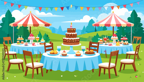 Vibrant Outdoor Celebration Scene with Cake, Desserts, Tables, Umbrellas, and Banners in a Lush Green Garden