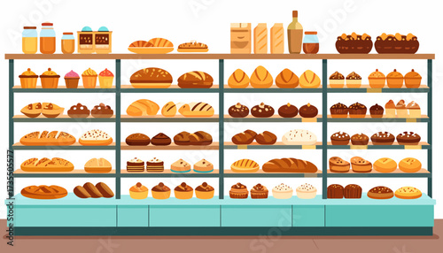 Bakery Shop Display with Assorted Freshly Baked Goods and Confections Illustration