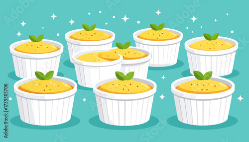 Sweet Yellow Puddings in Ramekins with Green Garnish. Cartoon Food Illustration on Teal Background with Sparkles.