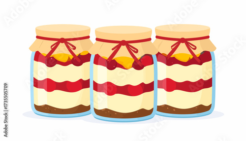 Delicious layered fruit and cream desserts in glass jars, sweet treats, homemade illustration