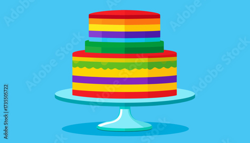 Vibrant Two-Tiered Rainbow Cake Illustration on Cake Stand for Celebrations