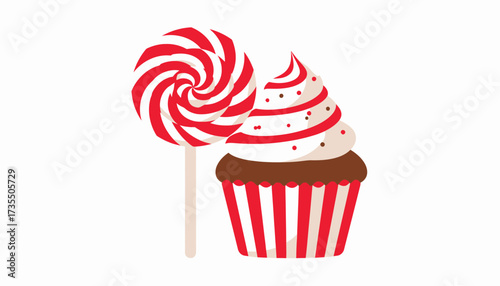 Festive Red and White Lollipop and Cupcake Illustration