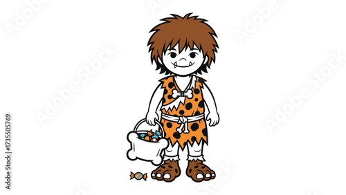 Prehistoric Trick-or-Treater: A cartoon caveman enthusiastically holding a candy-filled bag, capturing the playful spirit of Halloween and a fusion of ancient and modern traditions.