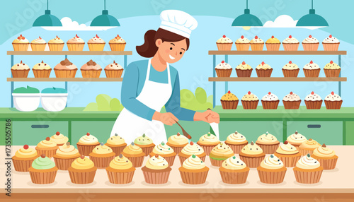 Smiling Female Baker Decorating Delicious Cupcakes with Icing in a Modern Bakery Kitchen, Flat Vector Illustration
