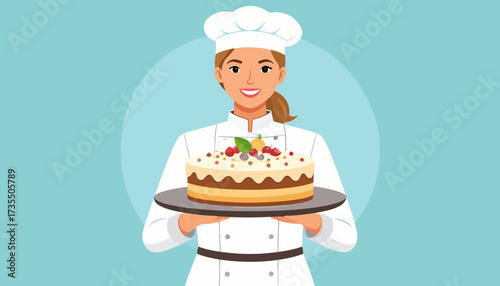 Smiling female chef presenting a delicious decorated cake. Professional baker holding a gourmet dessert. Vector illustration.
