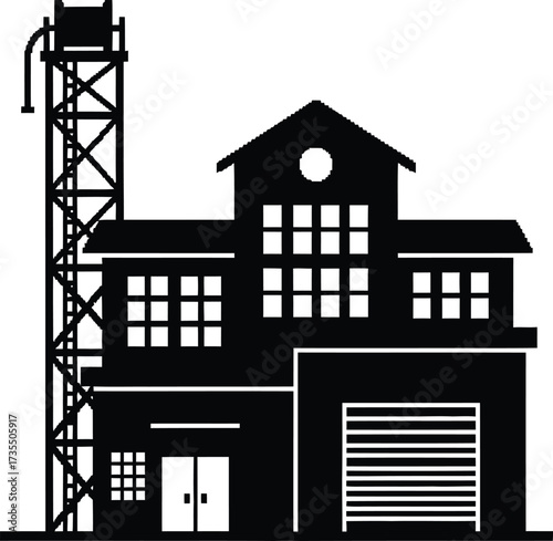 Black silhouette of a fire station with training tower