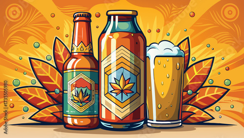 Very beautiful refreshing beer bottle and can beverage, drink alcohol refreshment, beverage vector illustration highlighting golden tones, chilled design, vibrant style, foamy texture, and artistic 