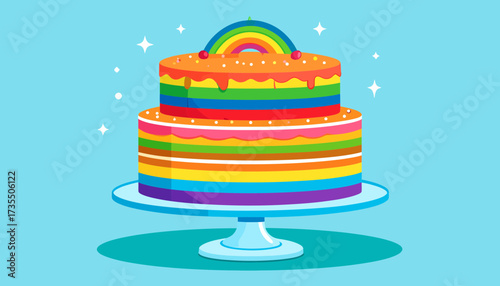 Cartoon Rainbow Layer Cake with Drip Icing and Arch Topper, Celebration Dessert Illustration