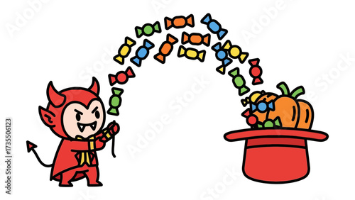 The Mischievous Treat: A playful illustration of a cartoon devil conjuring colorful candies into a whimsical pumpkin, perfect for a lighthearted seasonal theme.