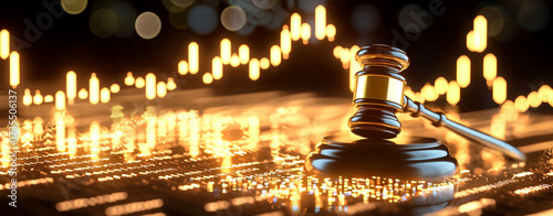 Gavel symbolizing justice and legal decisions against a backdrop of glowing financial market data charts, representing economic law and trading.