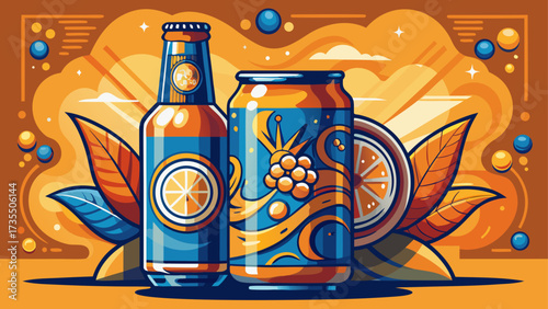 Very beautiful refreshing beer bottle and can beverage, drink alcohol refreshment, beverage vector illustration highlighting golden tones, chilled design, vibrant style, foamy texture, and artistic 