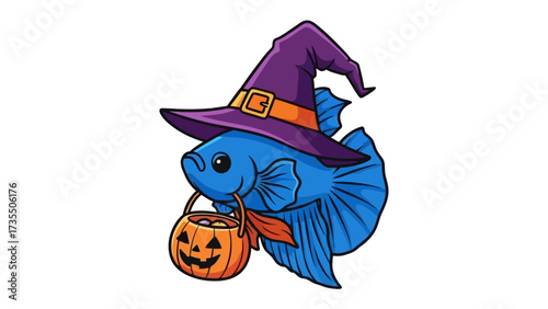 Halloween Fish: A spirited illustration depicts a whimsical betta fish donned in a pointy witch's hat and holding a miniature jack-o'-lantern bucket, perfect for adding a touch of festive charm.