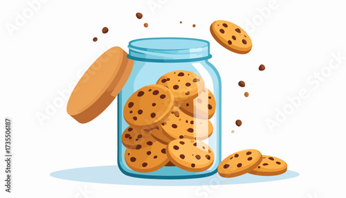 Sweet chocolate chip cookies in an open glass jar with scattered crumbs, tasty dessert illustration on white background