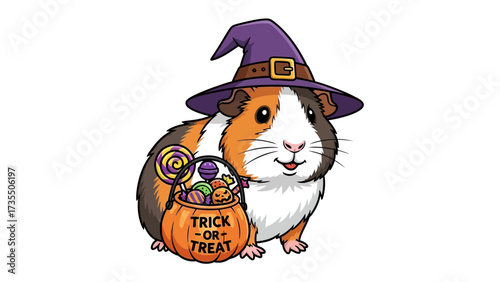 Spooky Guinea Pig with Witch Hat: A whimsical illustration featuring a charming guinea pig, adorned with a witch's hat, embodying the spirit of Halloween.