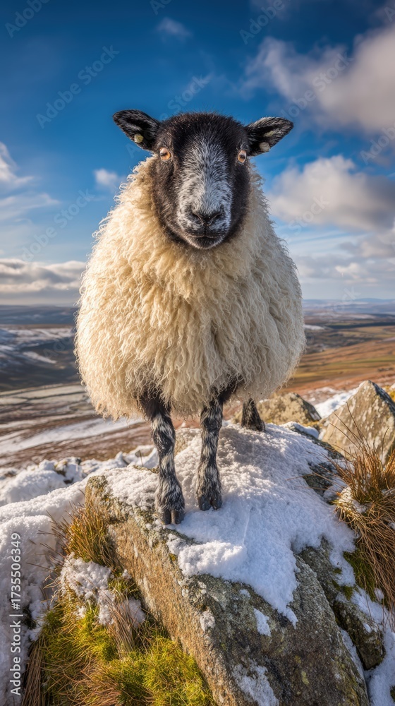 Obraz premium Close-up of a curious sheep standing on rocky hilltop with snow patches under a blue sky in open countryside landscape du daytime