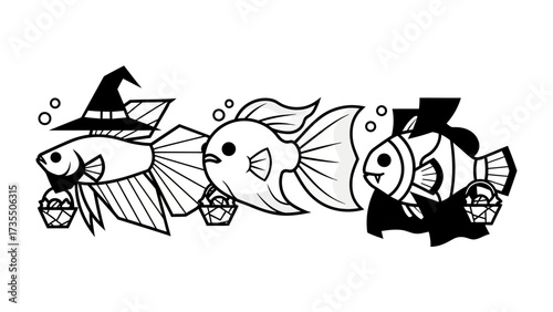 Halloween Fish Trio: Three adorable fish are costumed for a spooky and fun Halloween, each bearing festive elements in a clean, illustrative style. 