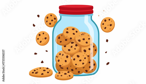 Sweet chocolate chip cookies in a glass jar, cartoon illustration with scattered crumbs