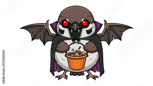 Halloween Sparrow in Costume: A cartoon sparrow wears a vampire costume, holding a candy bucket against a blank backdrop, celebrating the holiday of Halloween.