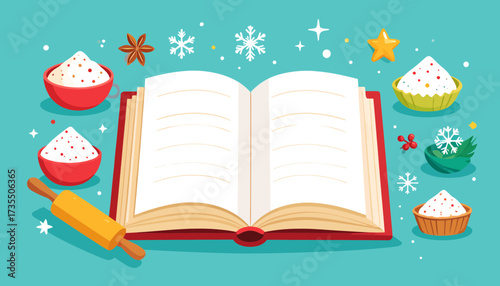 Open Recipe Book with Baking Ingredients and Festive Winter Holiday Decorations Illustration