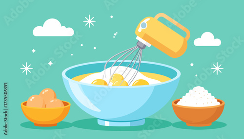Baking ingredients and electric mixer preparing batter in a bowl, flat illustration for cooking and dessert recipes