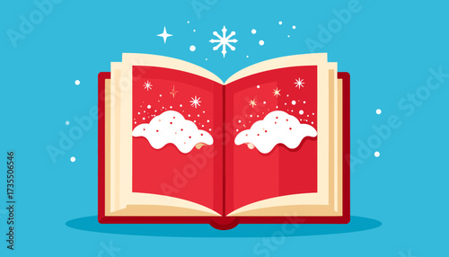Magical Open Storybook with Winter Wonderland Scene. Sparkling Snow and Clouds on Red Pages. Whimsical Fantasy Illustration.