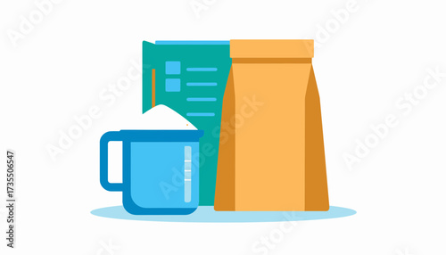 Baking Ingredients and Recipe Preparation. Flat illustration of cooking essentials: mug, paper bag, and checklist.