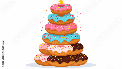 Donut Christmas Tree Stack with Colorful Glaze and Sprinkles, Festive Holiday Dessert Illustration