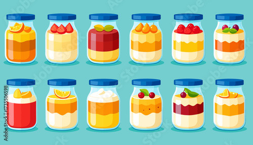 Assortment of vibrant layered fruit parfaits in jars. Healthy yogurt and pudding snacks with fresh fruit toppings.