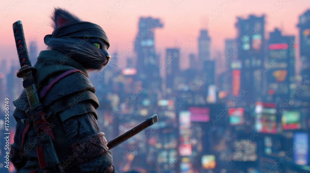 Obraz premium Samurai Ninja Cat Overlooking Cyber City at Sunset