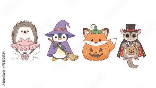 Spooky Halloween Cuties: A charming collection of four adorable cartoon animals in Halloween costumes. A hedgehog, penguin, fox and mouse, all ready to trick-or-treat!
