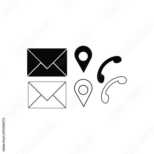 Collection of communication and location icons including envelopes map pins and phone receivers in solid black and outline styles