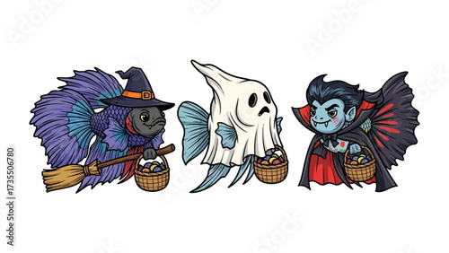 Halloween Fishy Costume Trio: A vibrant illustration showcases a playful ensemble of fish in whimsical Halloween costumes, ready for trick-or-treating.