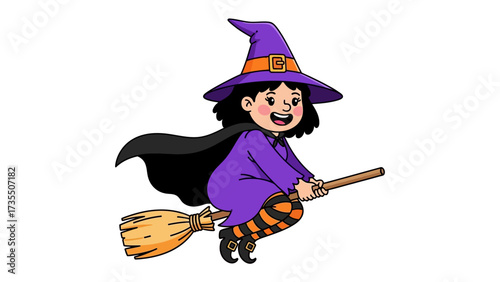 Witch on broom: A cute witch flies on her broom against a simple background, a symbol of the Halloween and magic.