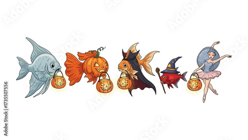 Whimsical Fish Costume Parade: A vibrant illustration presents a delightful parade of fanciful fish, each adorned in unique, imaginative costumes. This charming scene sparks creativity, playfulness.
