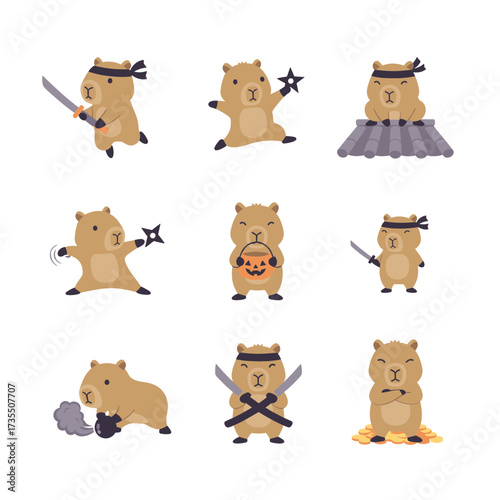 Grid of nine ninja capybara cartoons is ideal for childrens books, posters, and social media campaigns with a fun theme.