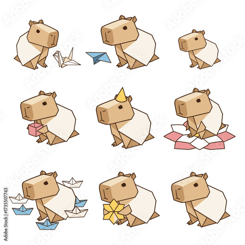 Nine adorable cartoon capybaras in origami poses, perfect for childrens books, greeting cards, stickers, and stationery design projects.