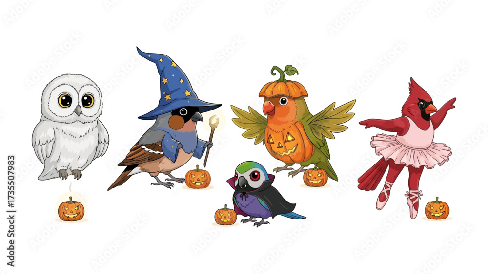 Naklejka premium Spooky Aviary: A whimsical illustration presents a charming group of Halloween-themed birds, with intricate costumes and accessories, capturing the festive spirit and charm. 
