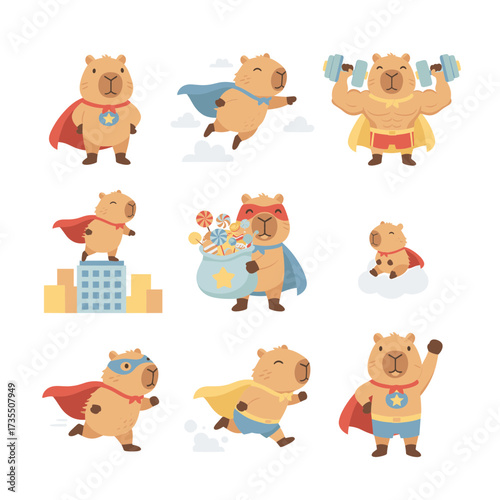 Cute cartoon capybaras as superheroes in various dynamic poses, suitable for childrens products, stationery, apparel, and social media.